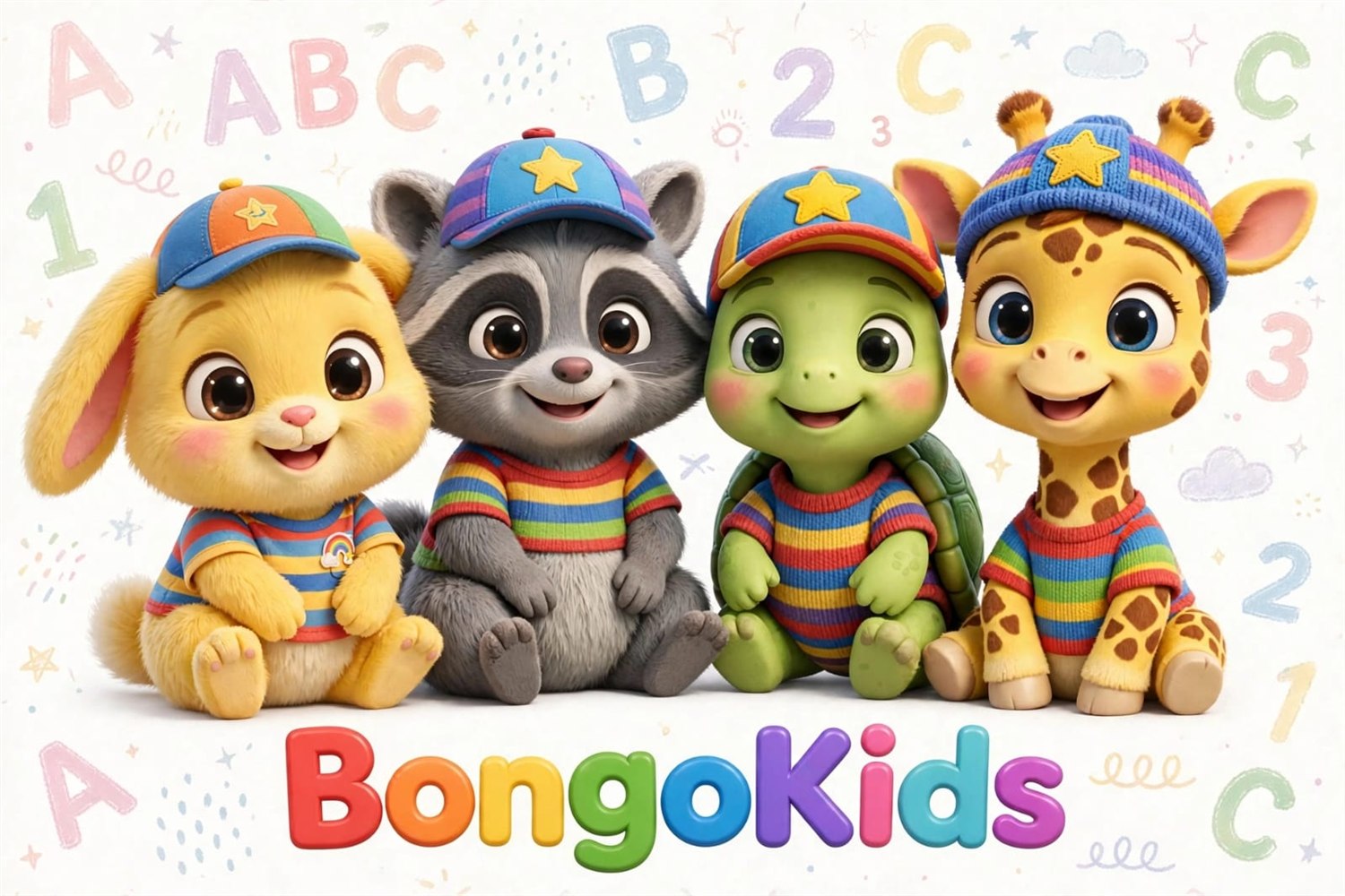 Portada de Bongokids: conejo, mapache, tortuga y jirafa listos para aprender jugando